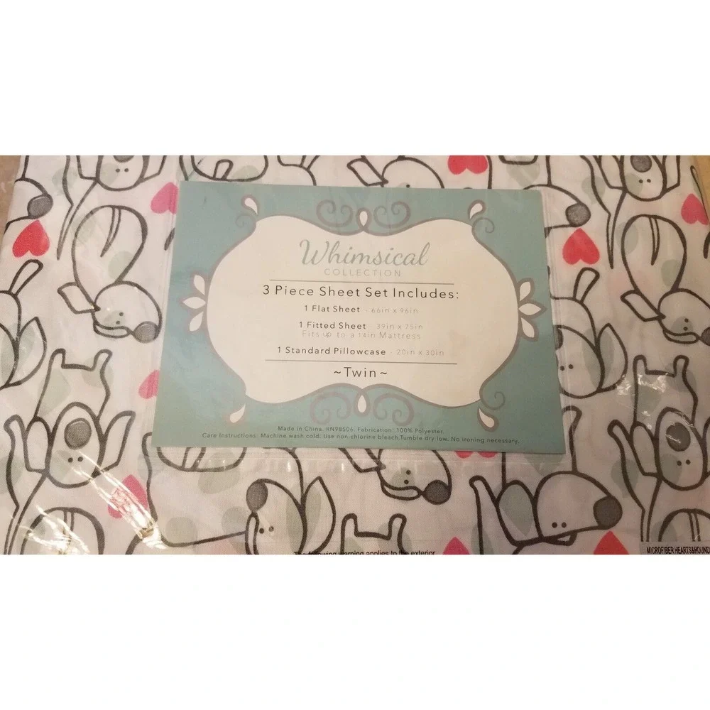 Whimsical Collection TWIN‎ 3pc Sheet Set Puppy Love Dog Hearts White NEW
